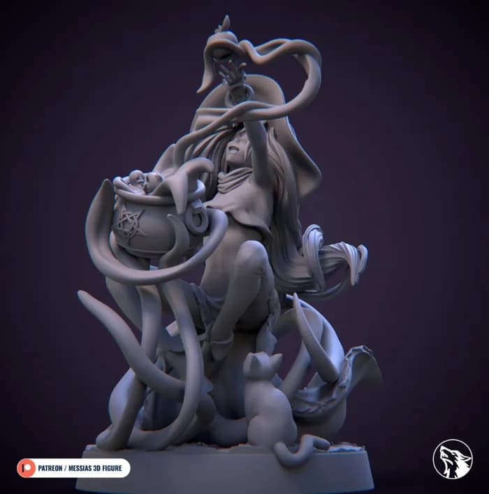 STL - Figura de Bruja con Caldero y Gato Negro render 5