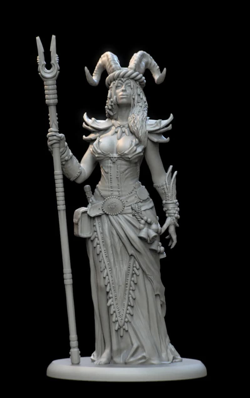 STL - Figura de Bruja con Cuernos y Bastón render 3