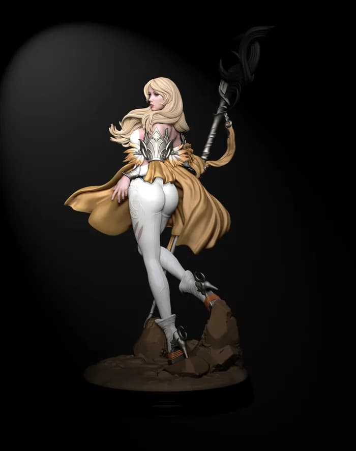 STL - Figura de dama guerrera con báculo render 1