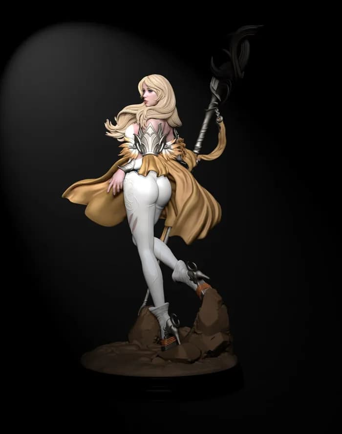STL - Figura de dama guerrera con báculo render 2