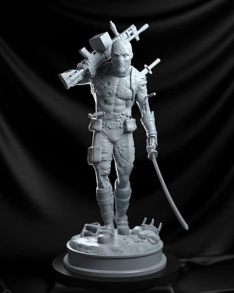 STL - Figura de Deadpool en pose de acción render 1