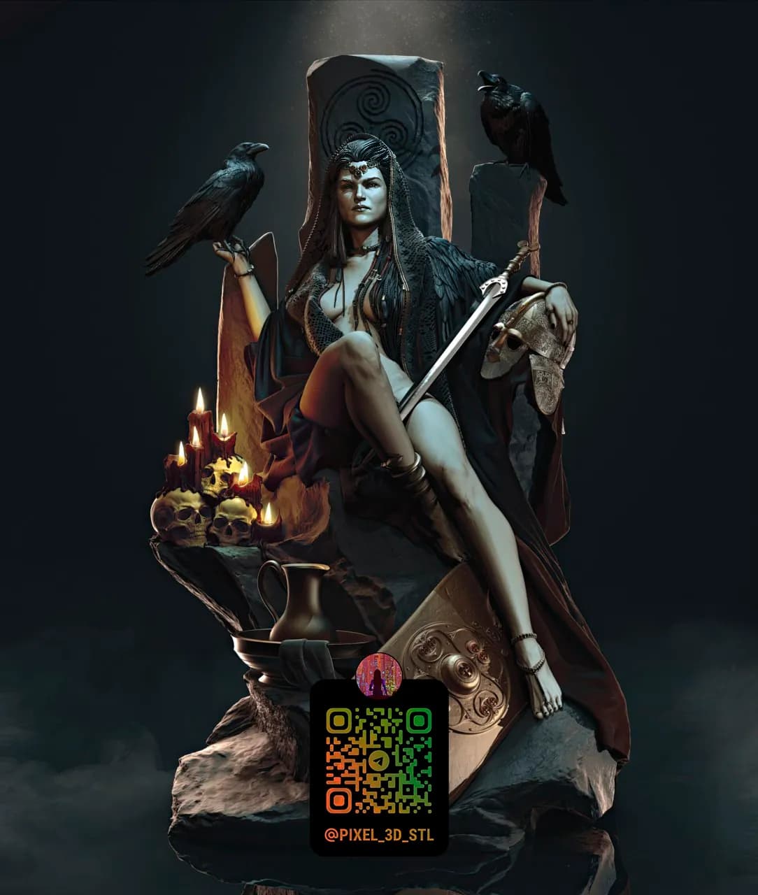 STL - Figura de diosa nórdica con cuervos y calaveras render 1