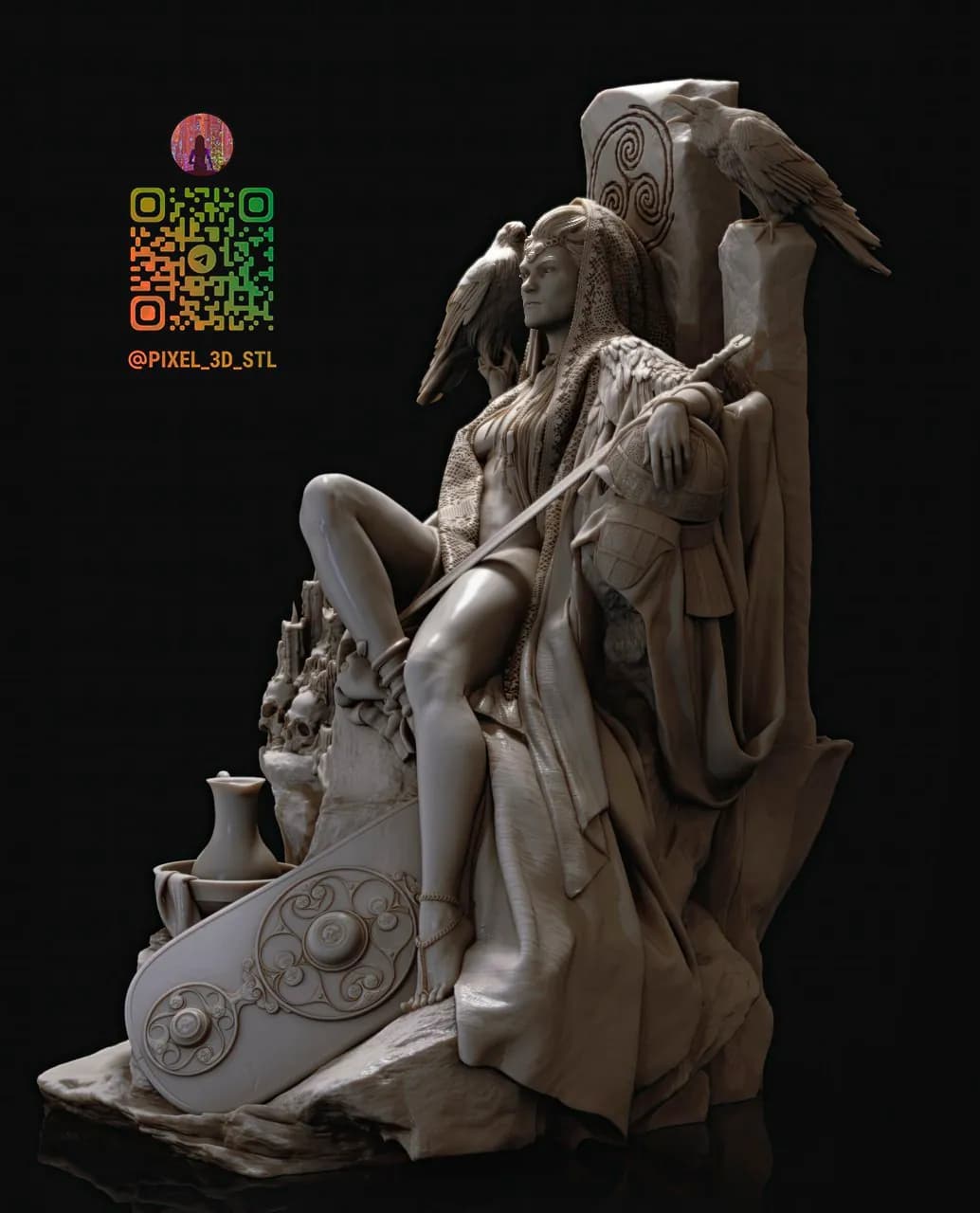 STL - Figura de diosa nórdica con cuervos y calaveras render 2