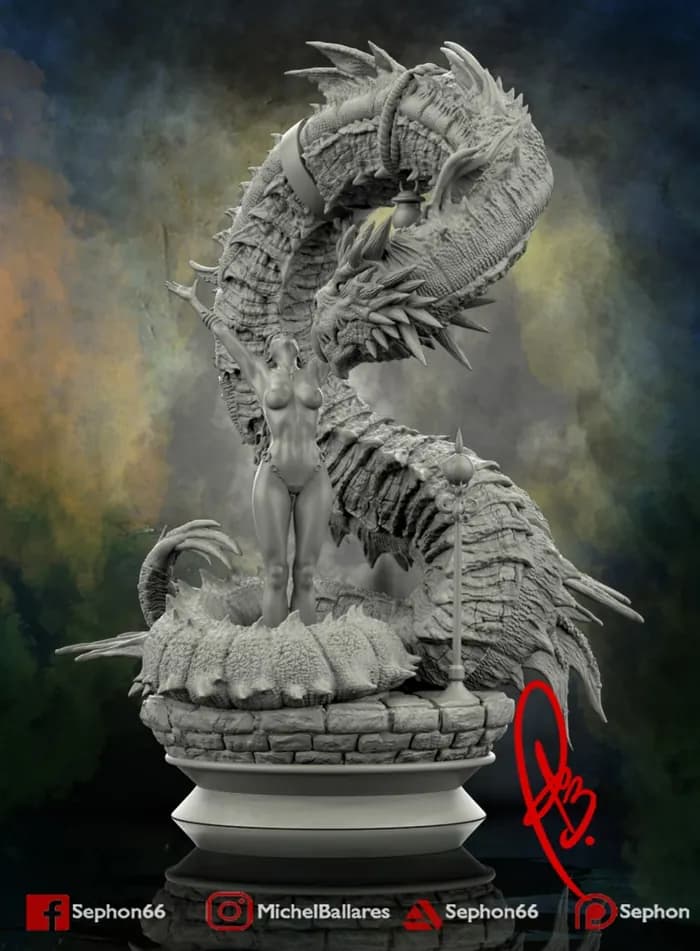 STL - Figura de Dragón con Dama Medieval render 2
