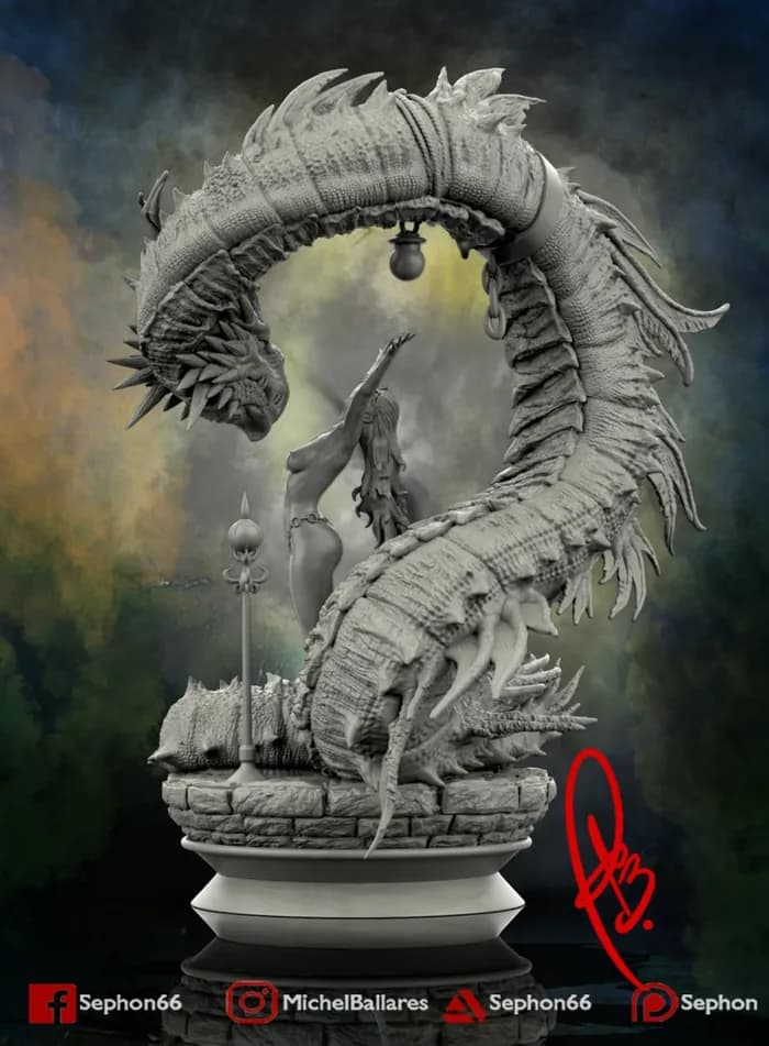 STL - Figura de Dragón con Dama Medieval render 3