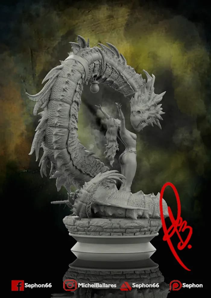 STL - Figura de Dragón con Dama Medieval render 4