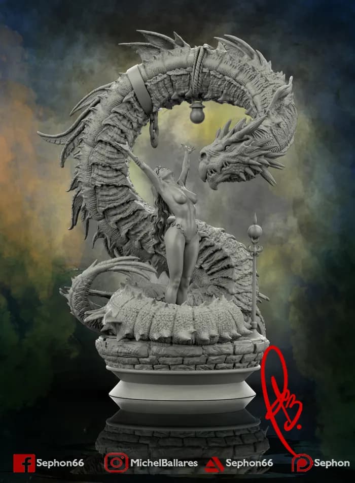 STL - Figura de Dragón con Dama Medieval render 5