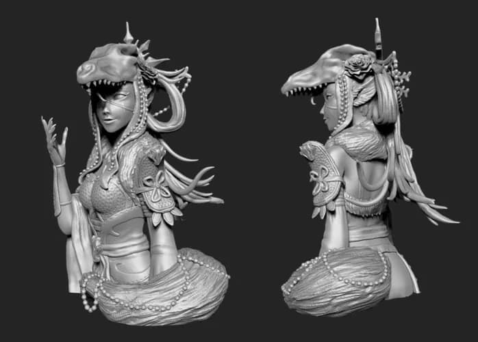 STL - Figura de guerrera con cabeza de dinosaurio render 1