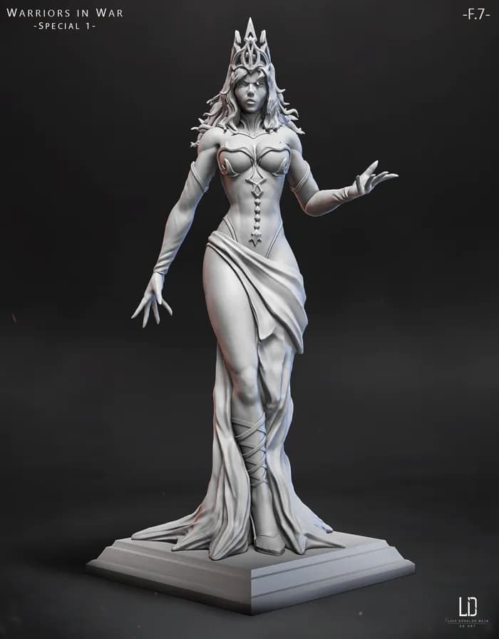 STL - Elf warrior queen with crown figure
