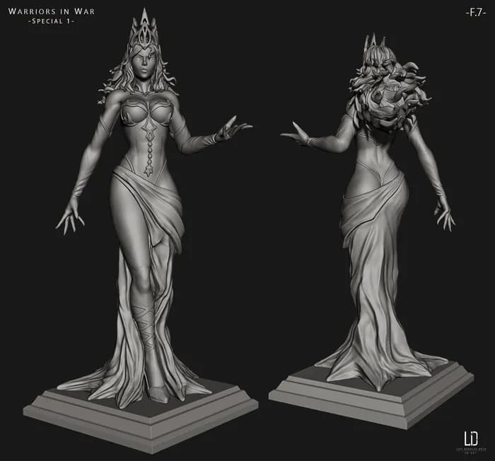 STL - Figura de guerrera élfica con corona render 2
