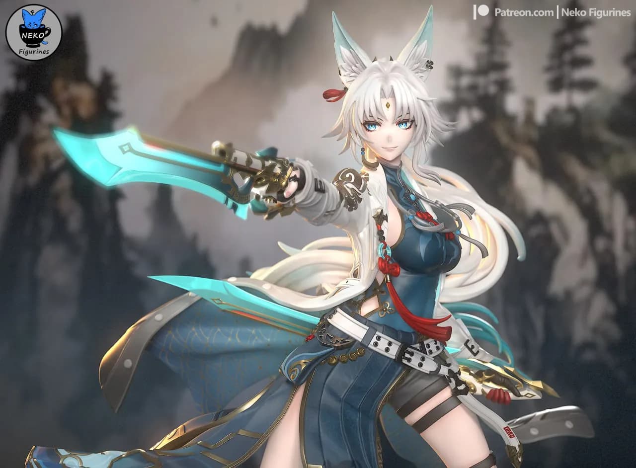 STL - Anime fox warrior figure with swords