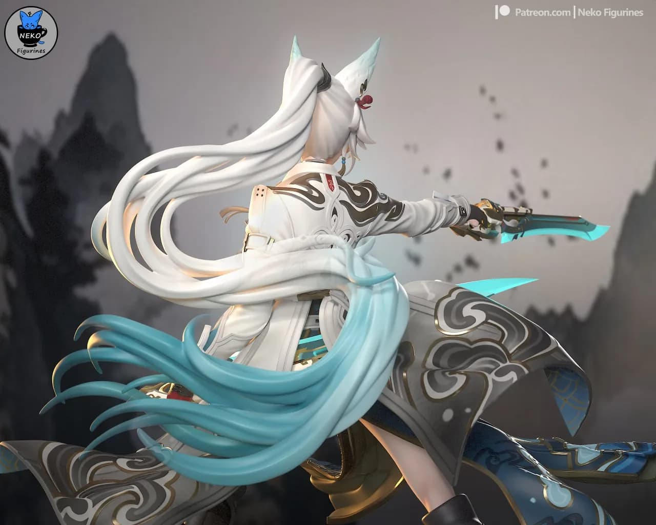 STL - Figura de guerrera zorro anime con espadas render 3