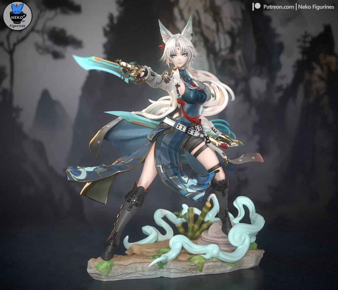 STL - Figura de guerrera zorro anime con espadas render 4