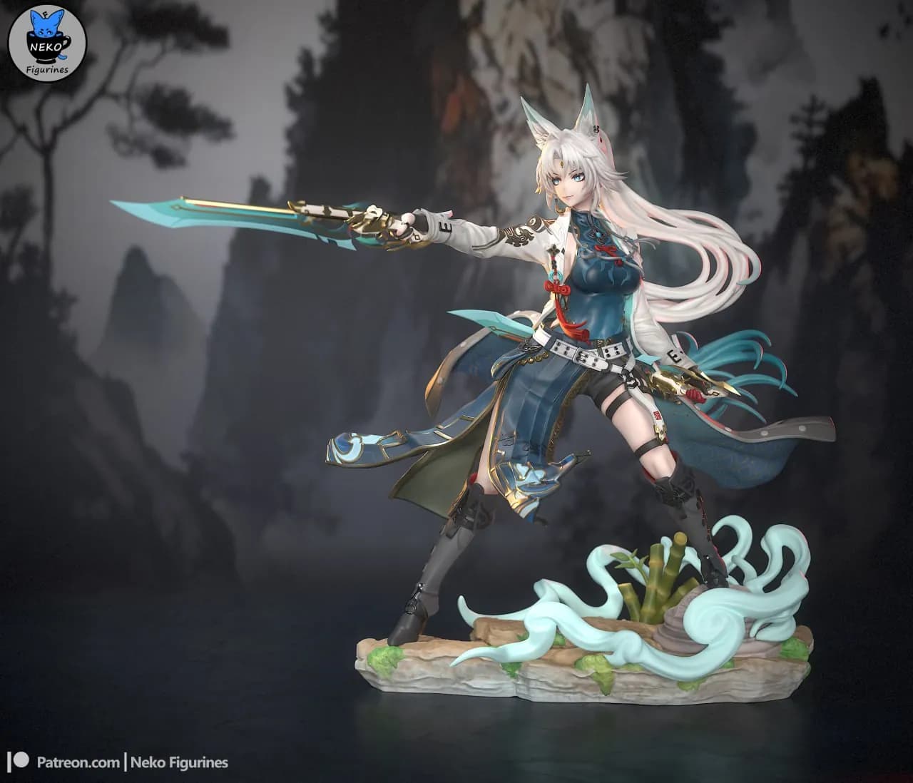 STL - Figura de guerrera zorro anime con espadas render 5