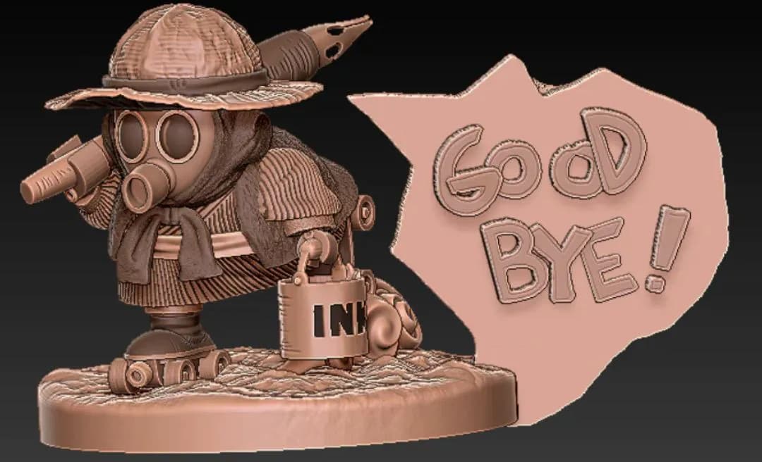 STL - Gas mask character figure with 'Good Bye' speech bubble