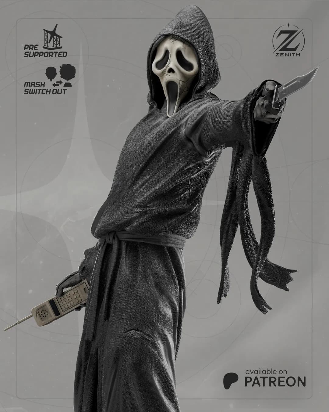STL - Figura Ghostface con cuchillo y teléfono render 5