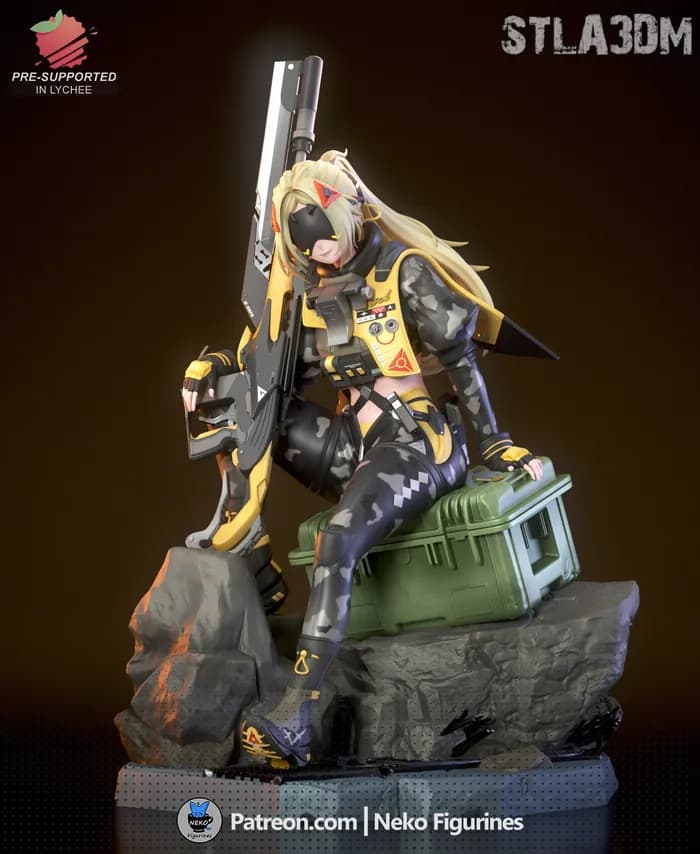 STL - Figura militar cyberpunk con rifle render 2