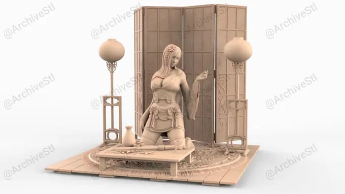 STL - Guerrera Samurai con Kimono y Katana render 1