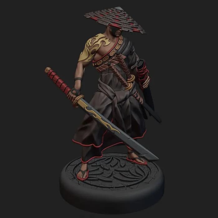 STL - Guerrero samurái con armadura y katana render 1
