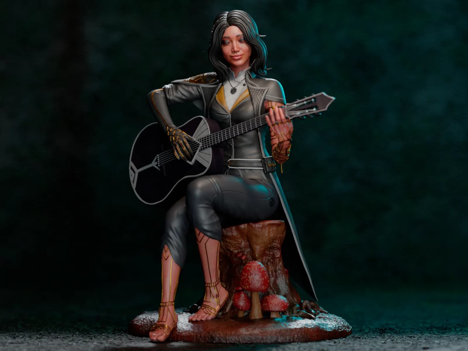 STL - Lune tocando la guitarra sentada en un tronco render 3
