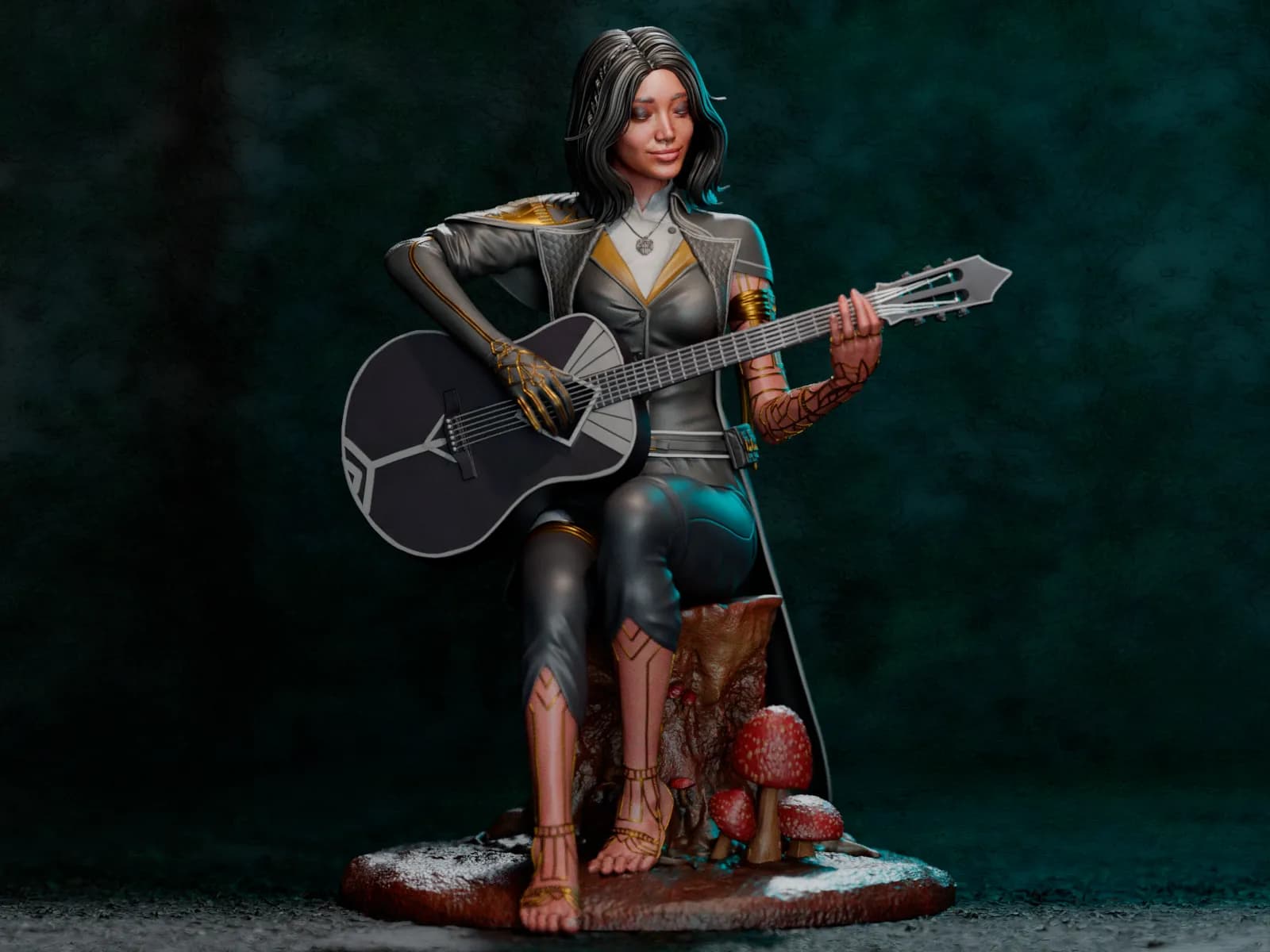 STL - Lune tocando la guitarra sentada en un tronco render 2