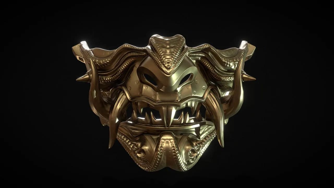 STL - Máscara de samurái demoníaca dorada render 1