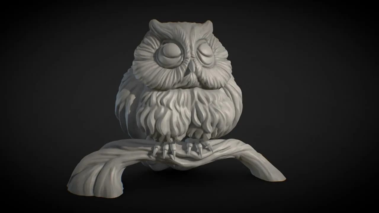 STL - Miniatura de Búho Dormido sobre Rama render 1