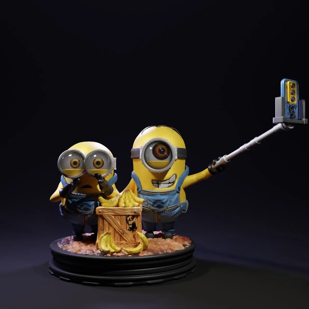 STL - Minions tomando selfie con bananas render 1