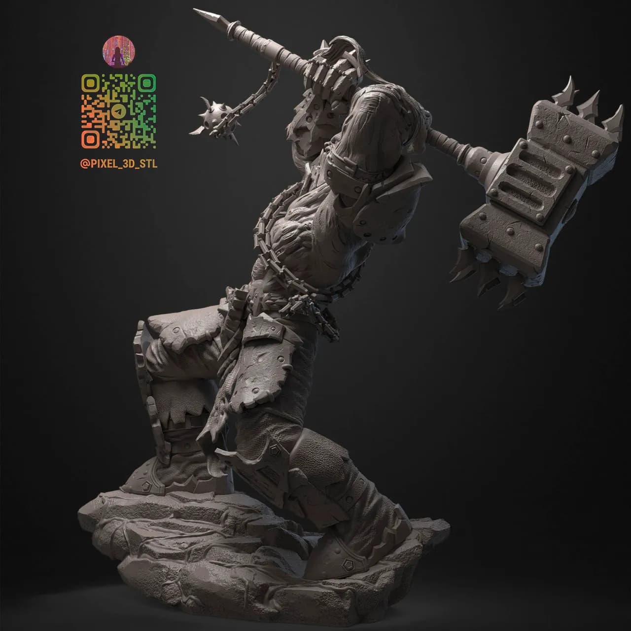 STL - Orco guerrero con martillo y cadena render 2