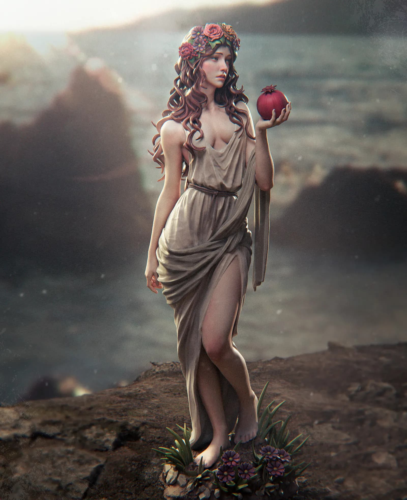 STL - Persephone Diosa Griega con Corona de Flores render 2