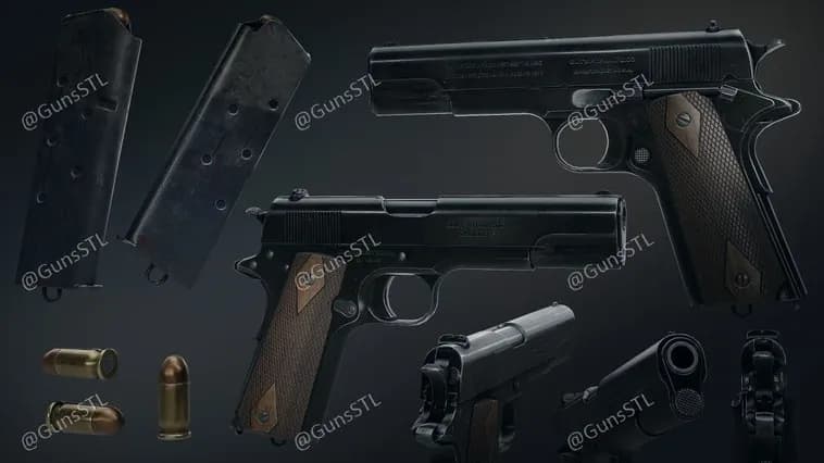 STL - Pistola Colt 1911 con cargador y balas render 1