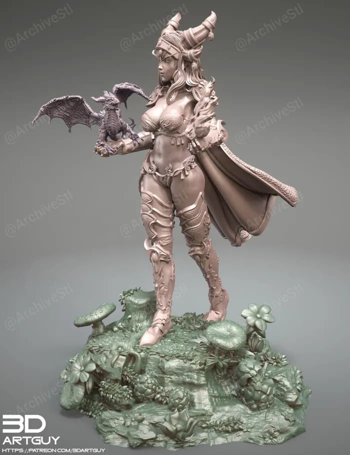 STL - Reina Dragón con Dragón y Fuego render 2