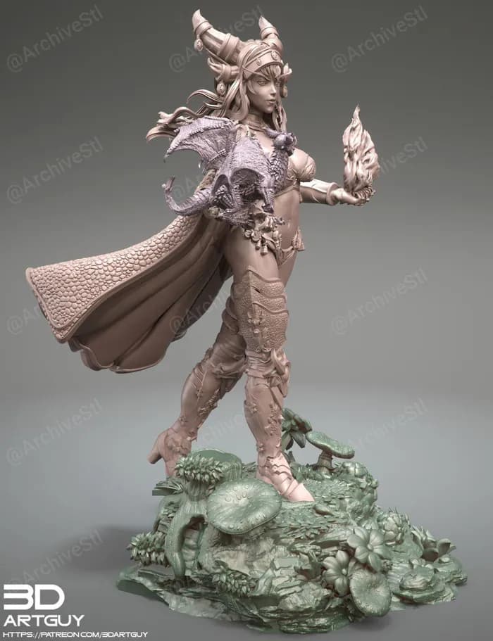 STL - Reina Dragón con Dragón y Fuego render 3