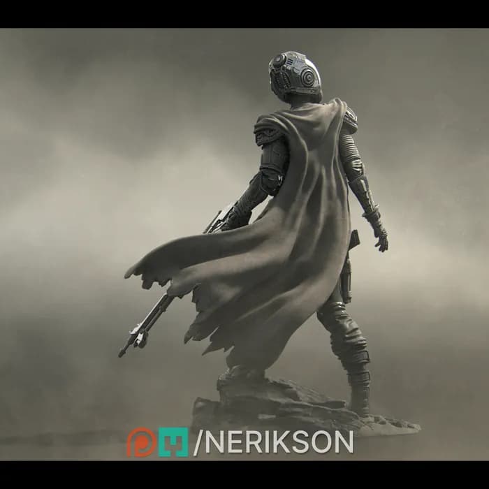 STL - Viajera del desierto futurista con rifle render 2