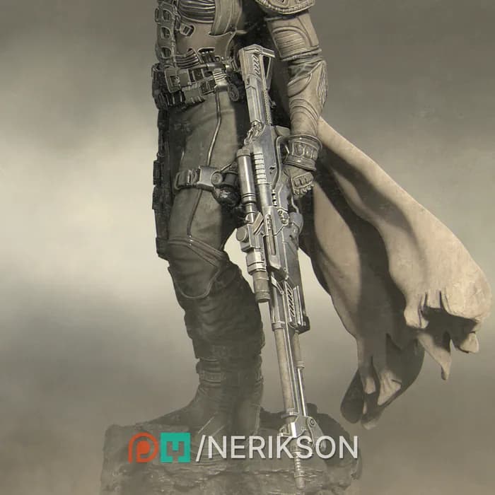 STL - Viajera del desierto futurista con rifle render 4