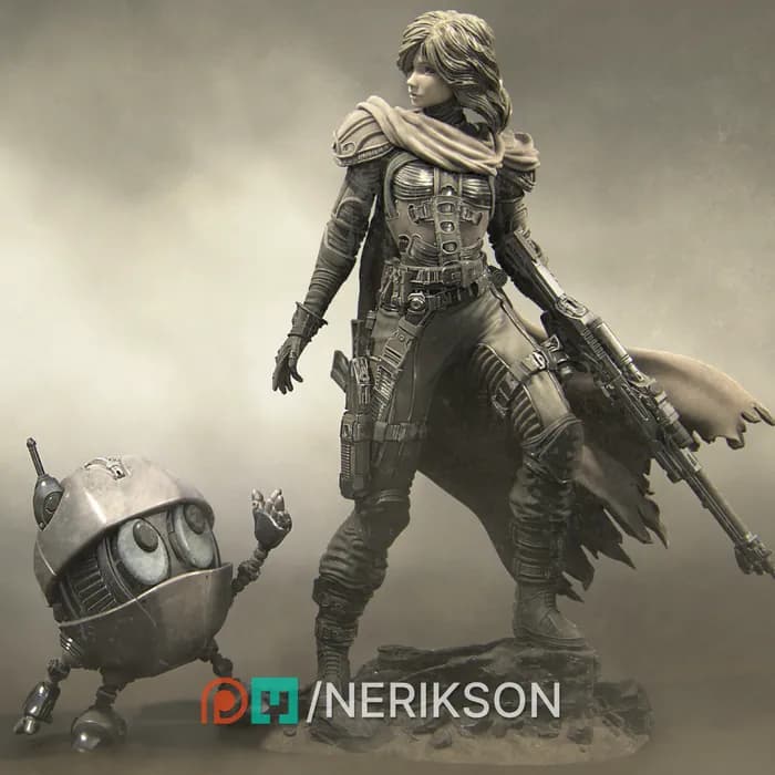 STL - Viajera del desierto futurista con rifle render 5