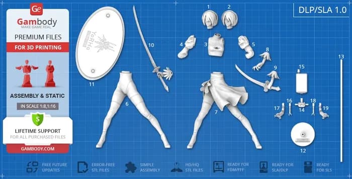 STL - yorha 2b 3d printing figurine assembly render 3