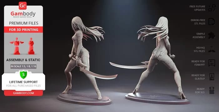 STL - yorha a2 fighting posture 3d printing figurine assembly render 2